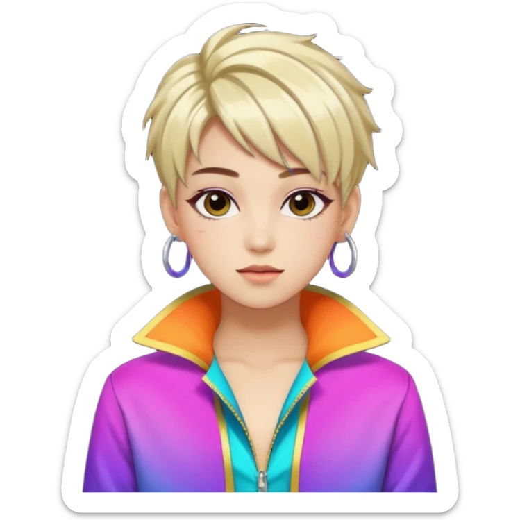 A stylish young idol in colorful stage outfit, trendy hairstyle with dyed highlights sticker