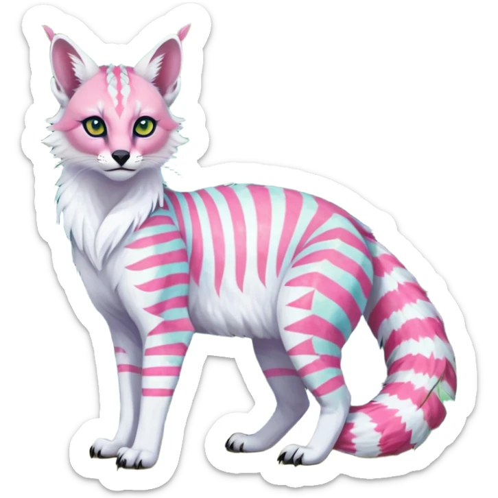 Colorful tropical tribal pale light fruity pastel white glorious iridescent exotic albino neon vibrant zigzagged fantasy-caracal-civet-genet-sergal-vernid-Gryphon-Cacomistle-Trico-oncilla-animal-Fakémon-hybrid-fursona (full body), facial markings,  sticker