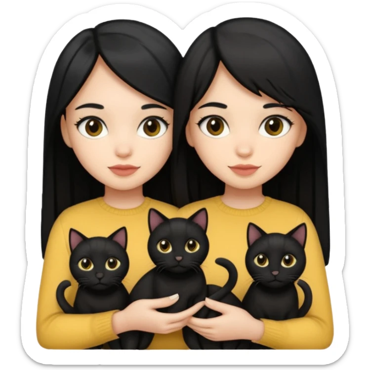 2 light skin tone girls with black straight hair holding 3 black cats sticker