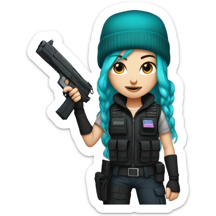 Girl, white skin, tactical vest, dark pants, long teal purple hair, blue eyes, black beanie hat, gun, black combat boots sticker