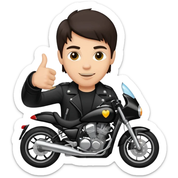 motorcyclist with light skin and dark hair with one hand he's doing a thumbs up. he has a black jacket sticker