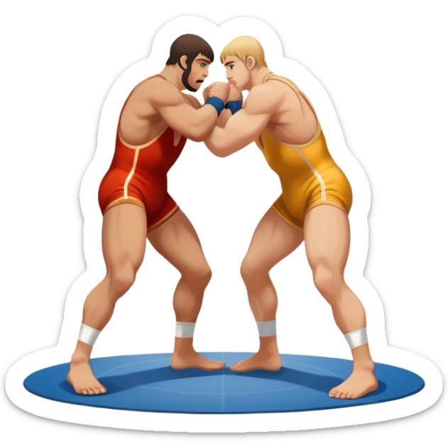 An icon showcasing two wrestlers engaged in a Greco-Roman wrestling match. The athletes are locked in a strong clinch, using their upper bodies to dominate. The background features a wrestling mat and traditional Greco-Roman elements. Transparent background. sticker