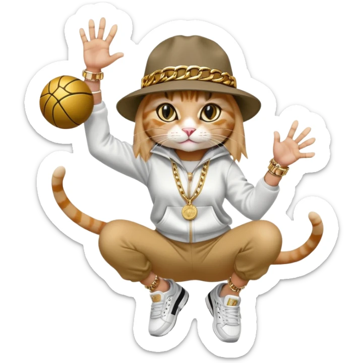 female cat wearing Run DMC hip-hop outfit with tracksuit, fedora, Adidas sneakers, many gold chains, rings, bracelets, flashy earrings, reaching up and catching a ball high in the air, no sunglasses sticker