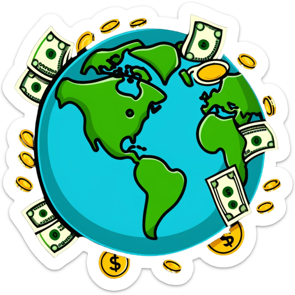 Money world with dollar bills and coins surrounding Earth sticker