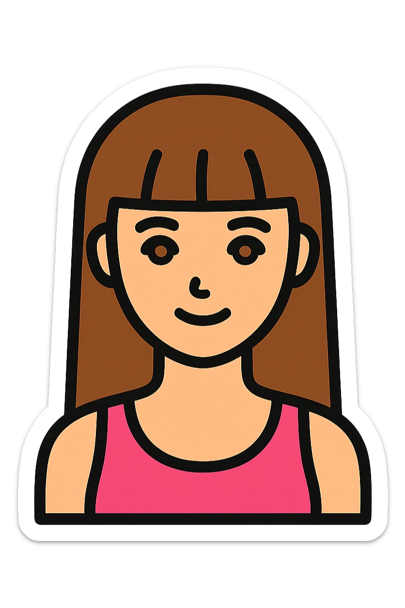 icon of an American girl with long brown hair with bangs, pink tank top, hazel eyes, slim build, outlined, simple and modern sticker