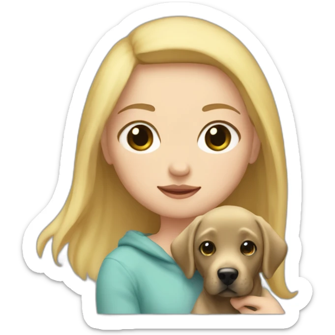 A blonde girl with smooth hair and a ray in the middle of his hair, she has light skin a few freckles, and she wear a hoodies and she Carries in his arms a baby black labrador dog  sticker