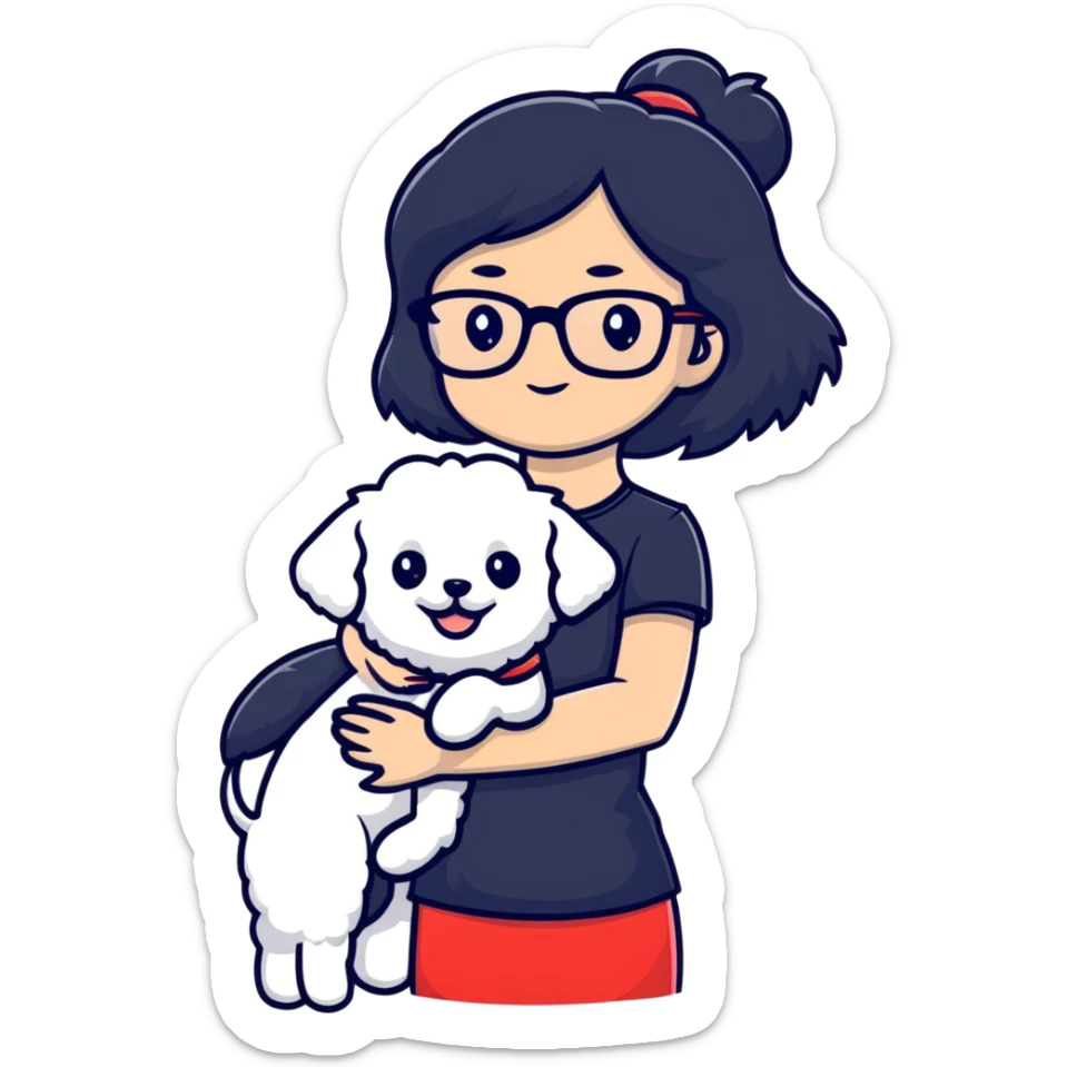 Girl with long black hair and glasses holding a white Bichon Frise dog sticker
