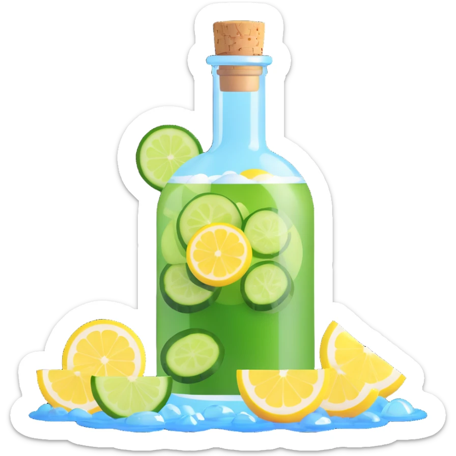elegant 3D cocktail in a round bottle with a very small neck and cork, liquid color #6fdef1, inside cucumber slices, lemon slices, and ice cubes, realistic, glossy, visually attractive sticker