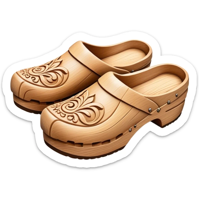 Cinematic Realistic Wooden Clogs Emoji, depicted as a pair of traditionally carved wooden clogs with intricate details and rustic charm. sticker