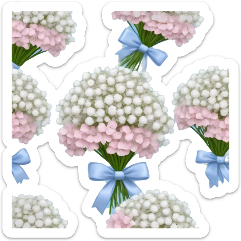 babys breath, baby blue carnation flowers bouquet tied together with a pink bow sticker