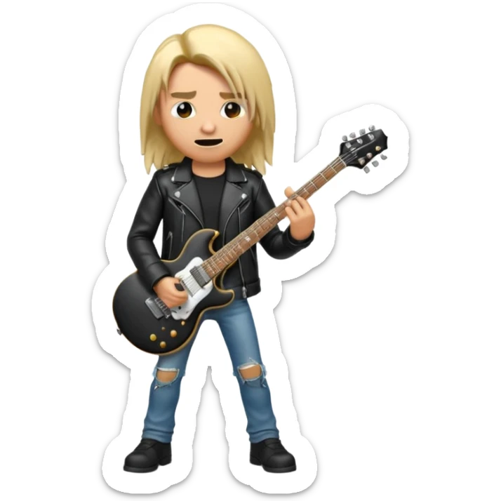 3D Apple-style emoji of a metal musician. Long hair, black leather jacket, ripped jeans, holding an electric guitar. Intense expression, glossy, rounded, smooth, soft shadows, white background.










 sticker