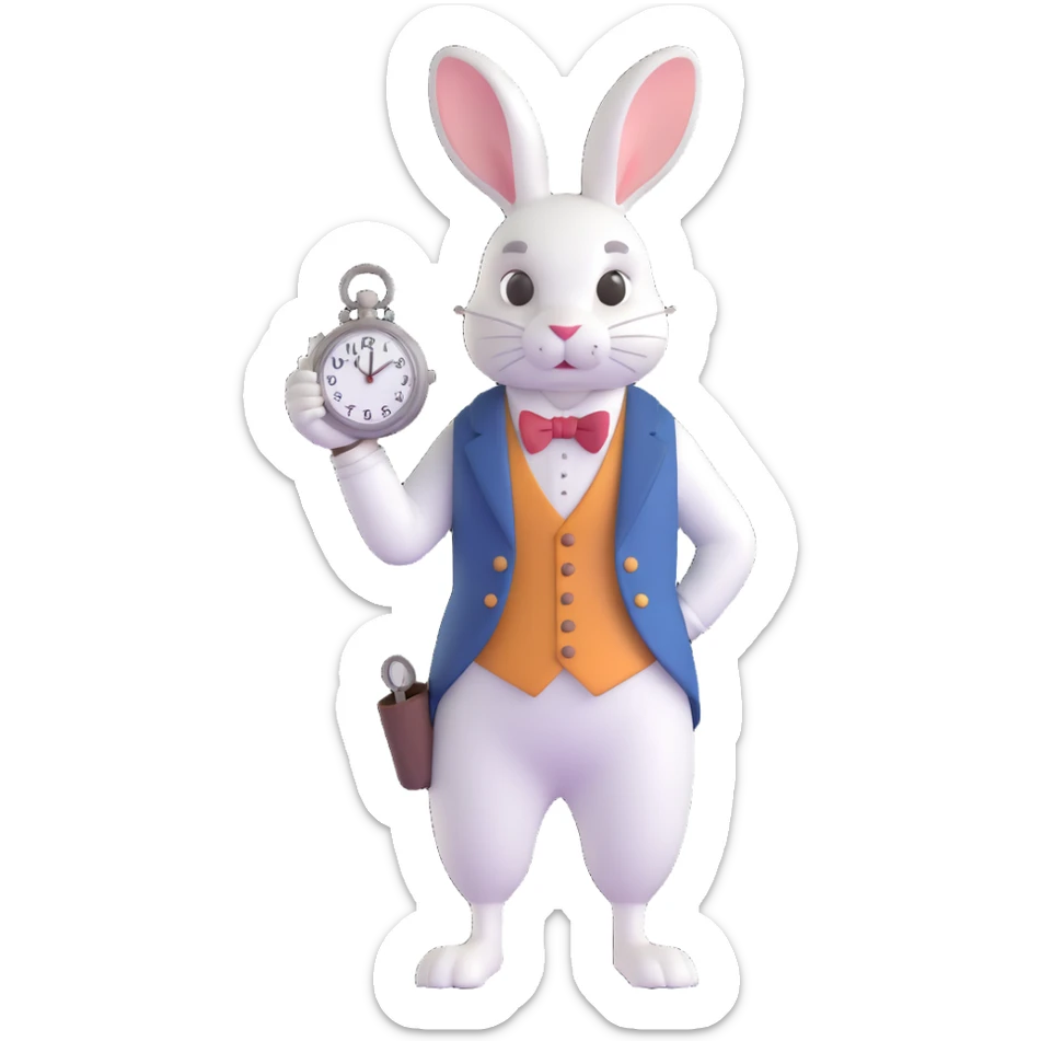 Alice in Wonderland white rabbit with large ears and a pocket watch, wearing a waistcoat, looking anxious and whimsical, simple and cute style emoji sticker