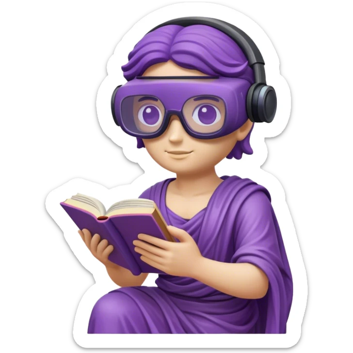 an-emoji-of-a-ancient-young-greek-statue-reading-a-book,-wearing-vr-glasses,-purple-colors,-digital-universe sticker