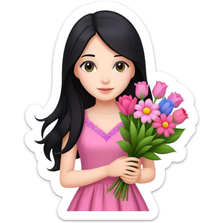 beautiful girl with long black hair, fair skin, wearing pink dress holding a colorful bouquet of flowers sticker