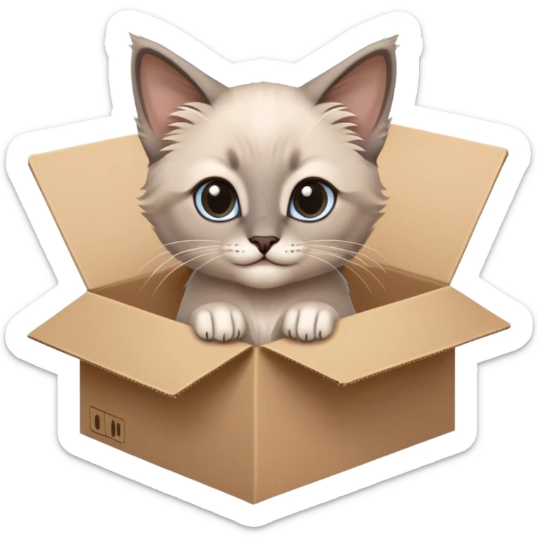  A very cute gery young happy kitten long hair Siamese Cat cat with one's head tilted to one side poked its paws out of the cardboard big box and placed them on top of it sticker
