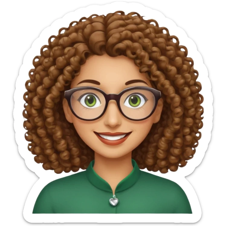 40 yr old Iranian woman, light brown very curly thick hair, shoulder length hair, green eyes, tan skin, big smile, big glasses sticker