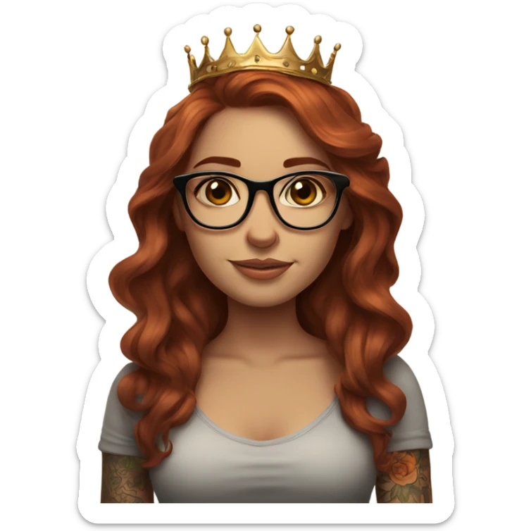 Beautiful girl, long auburn hair, tattoos, glasses and a crown sticker