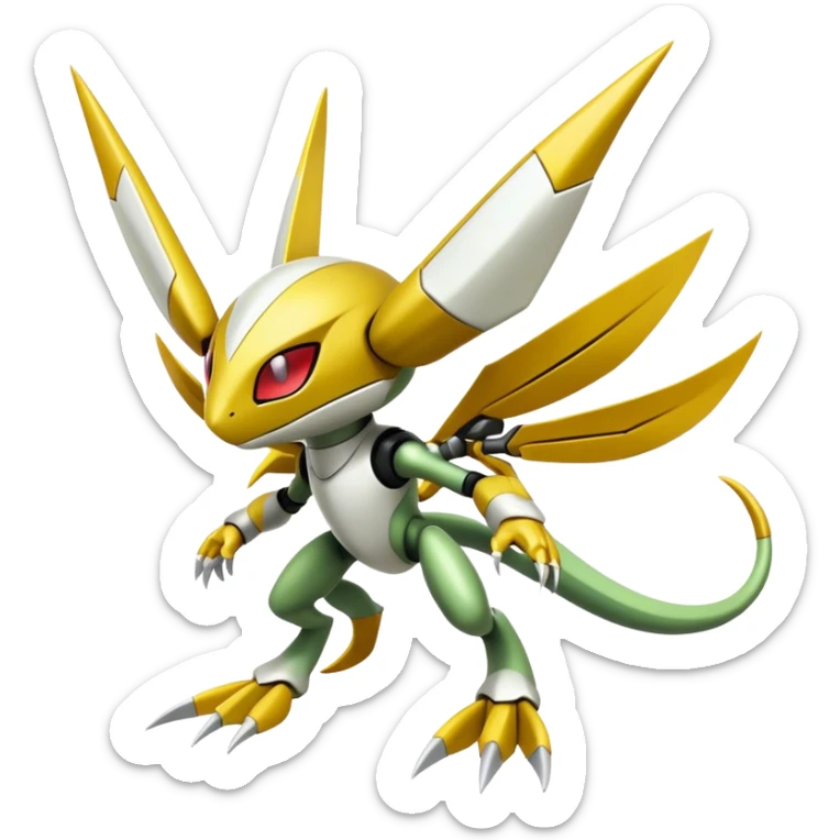 Cute Cool Edgy Shiny Futuristic Ethereal Legendary Kartana-Digimon-Schyther-Scizor-hybrid full body sticker