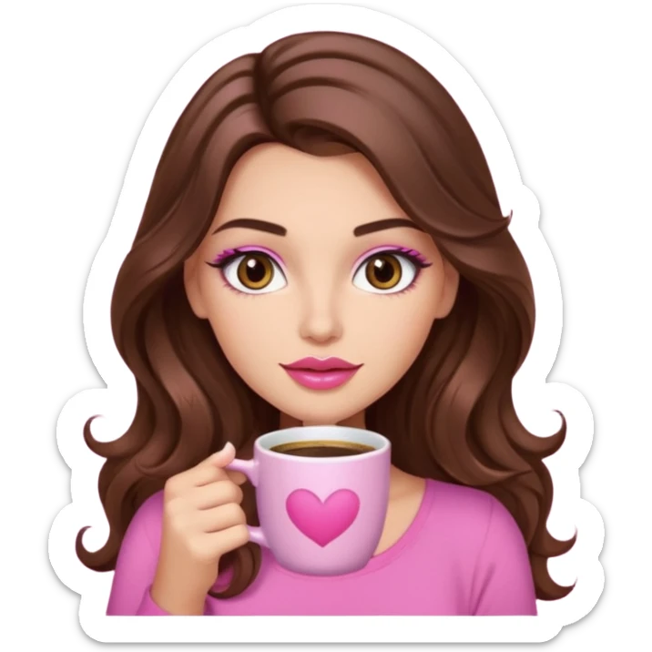 girl with long wavy brown hair, brown eyes, long lashes makeup,sexy pink lips, light to medium complexion, pink sexy top, with a coffee mug sticker