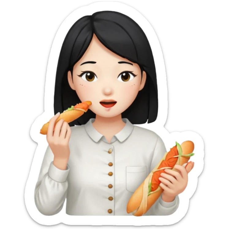 Girl black long hair eat kimchi close eyes baguette sticker