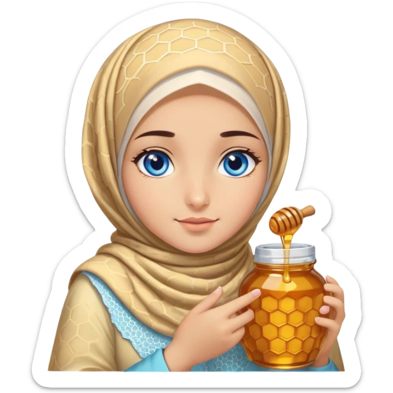 Turkish beautiful finish Konya girl blue eyes with honeycomb pastel hijab islamic dress and had on her hand honey sticker