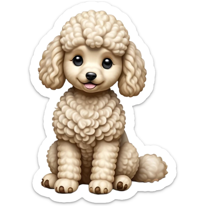 cinematic-[poodle]-realistic-full-body-sitting-emoji,-tail-resting-loosely-beside-its-paws,-head-tilted-dramatically, -curly-[cream white]-fur,-simplified-yet-realistic-focused-features,-highly-detailed,-glowing-with-an-almost-sarcastic-glow sticker