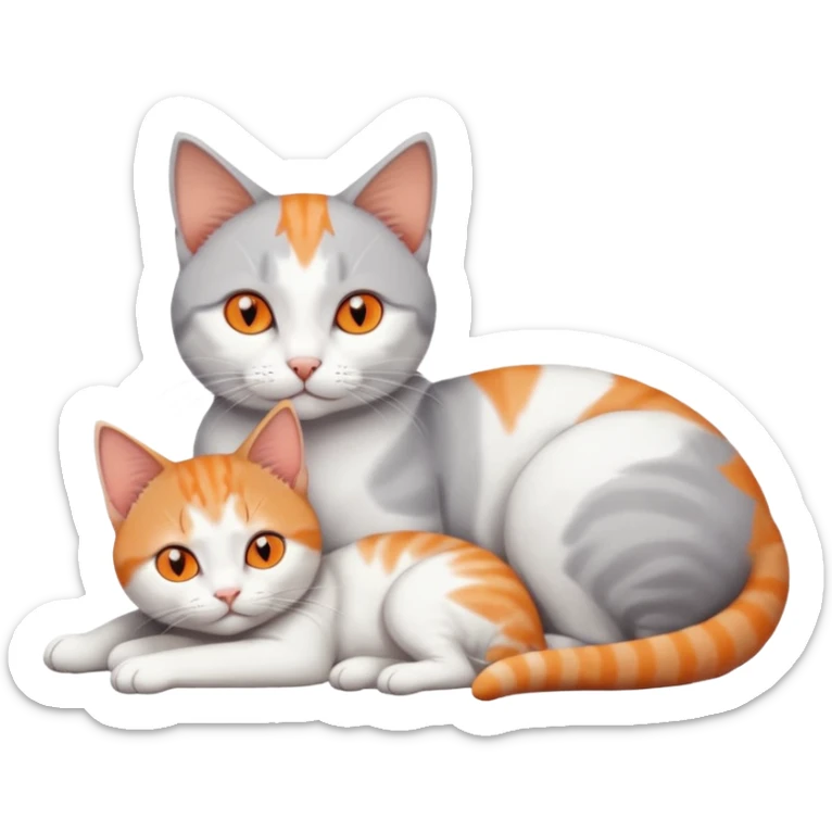 full body of a grey and white cat cuddling a very small + skinny ginger and white kitten with deep orange eyes and triangular shaped face lying down sticker