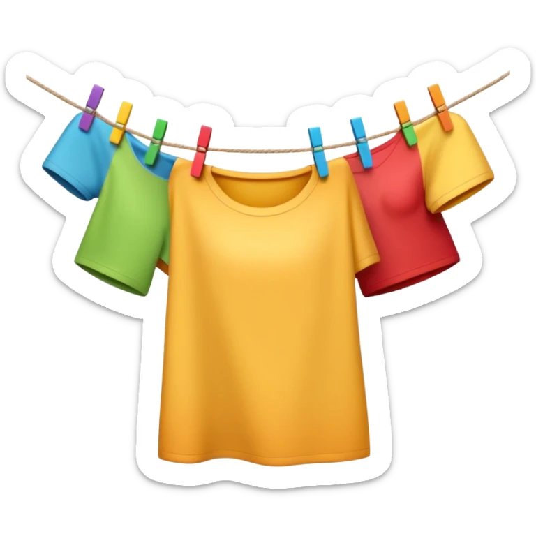 Apple-style 3D emoji of a single human hand hanging a colorful piece of clothing on a clothesline using a clothespin, close-up view, soft shadows, bright and cheerful atmosphere, clean white background.


 sticker