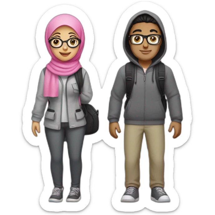 young white man with black hair, glasses, and gray clothes, and woman with hijab, glasses, and pink clothes, both with backpack for holiday trip, full body sticker