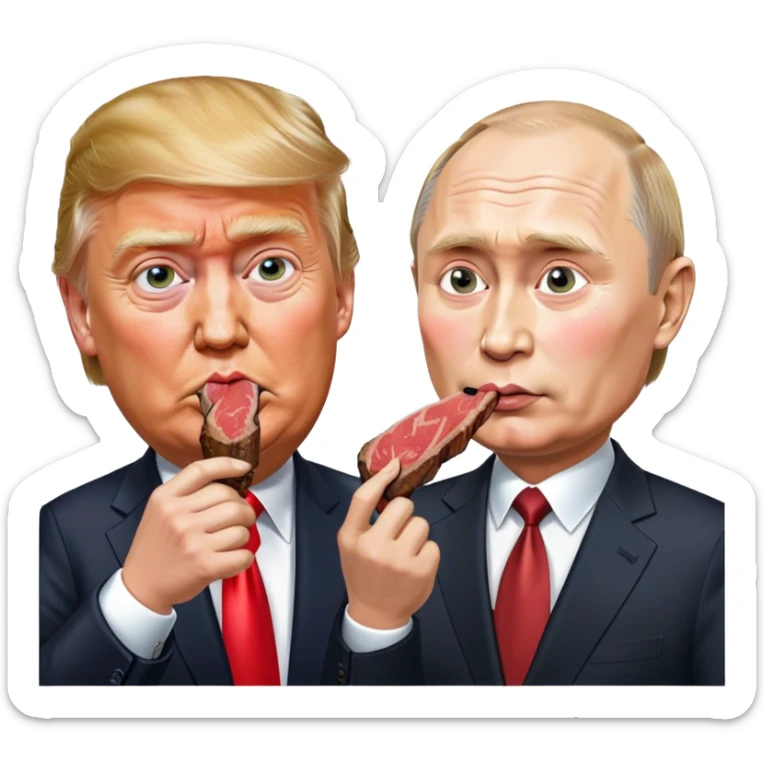 photorealistic Donald Trump and Putin eating a steak shaped like an piece of land sticker