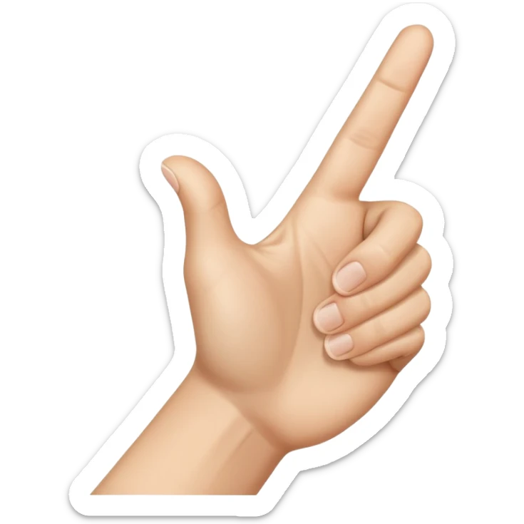 A realistic close-up photo of a right hand entering the frame from the bottom right corner, back of the hand facing the camera, pointing diagonally upwards to the left with only the thumb and index finger extended in a finger gun or L-shape gesture, other fingers closed and tucked in. sticker