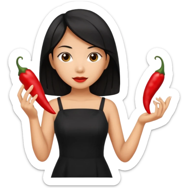 asian black short shoulder length hair tanned woman, black dress cooking, holding chili pepper sticker