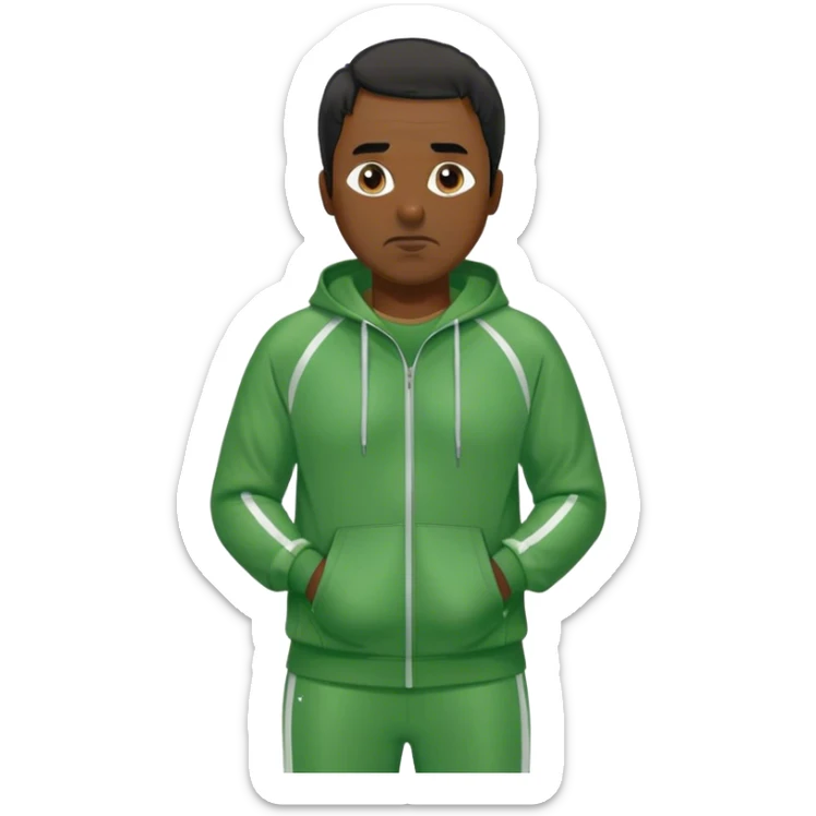 Kim is a middle-aged man, around 40 years old, green tracksuit.  His black hair, is unkempt and damp with sweat. sticker
