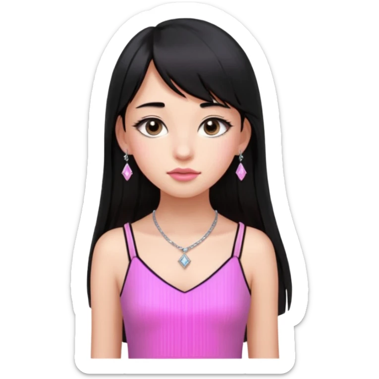 Cabelos pretos longos lisos ,com franja curvada  na altura do queixo .olhos pretos puxadinho para cima. Cílios longos curvados. Pele clara ,nariz pequeno ,lábios carnudos ,adolescente 16 anos ,vestido rosa de alça, colar pequeno prata ,brinco de diamante pequeno  sticker