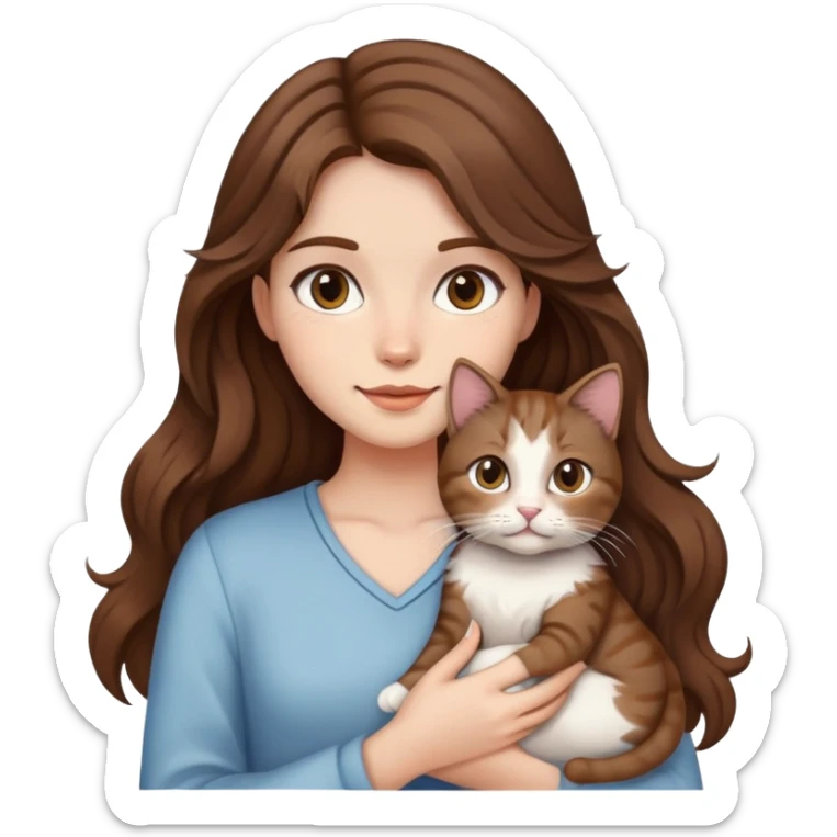 Brown hair girl long wavy hair holding a cat sticker