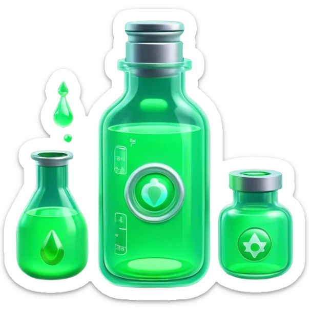 Clash of Clans aesthetic: Cinematic Playful Sci-fi green health pack Emoji, rendered in a 3D vector-style similar to standard emojis with minimal shading and bold, simplified shapes. A compact, futuristic vial with a glowing neon liquid and sleek contours, softly glowing with a healing cosmic charm. Simplified yet unmistakably iconic, highly detailed and consistent, glowing with a soft radiant glow and high shine. Stylized with a touch of futuristic alchemy and a soft glowing outline, capturing the essence of a vital energy elixir with a playful, interstellar spirit! sticker