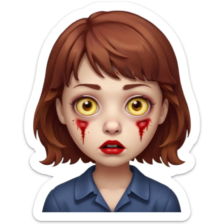FAÇA UMA PERSONAGEM FOFA COM NARIZ DE BOLINHA AVERMELHADO CLARO E ZUMBI CABELO MARRON ONDULADO E FRANJA CURTA   COMO SE NÃO SOUBESSE OQ FEZ LÁBIOS CLAROS FECHADOS E OLHOS AMARELOS sticker