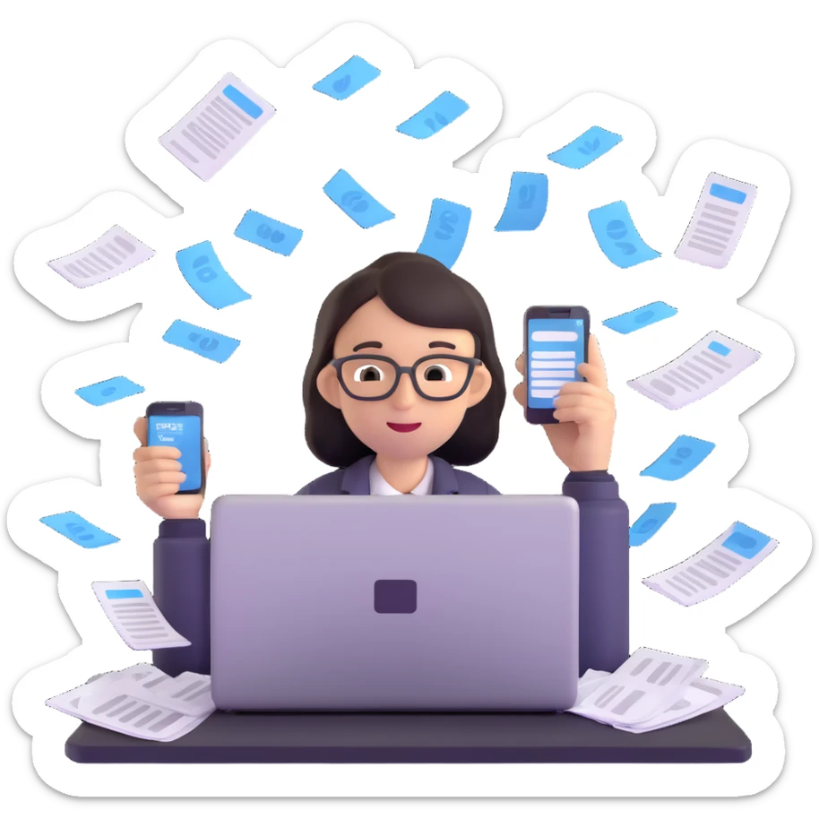 person holding a phone in one hand, laptop open in front, storm of receipts, invoices, and reminders swirling around, multitasking chaos sticker