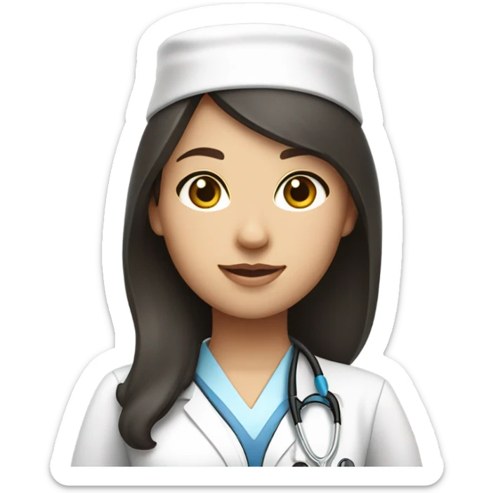 Dark hair woman with white skin and a nursing cap stethoscope and white uniforms sticker