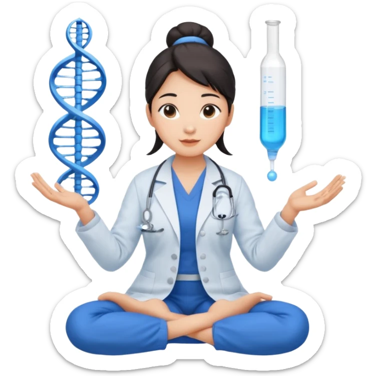 emoji of an asian woman with a single bun in a blue lab coat sitting cross legged with dna levitating above one hand and a micropipette above the other hand sticker