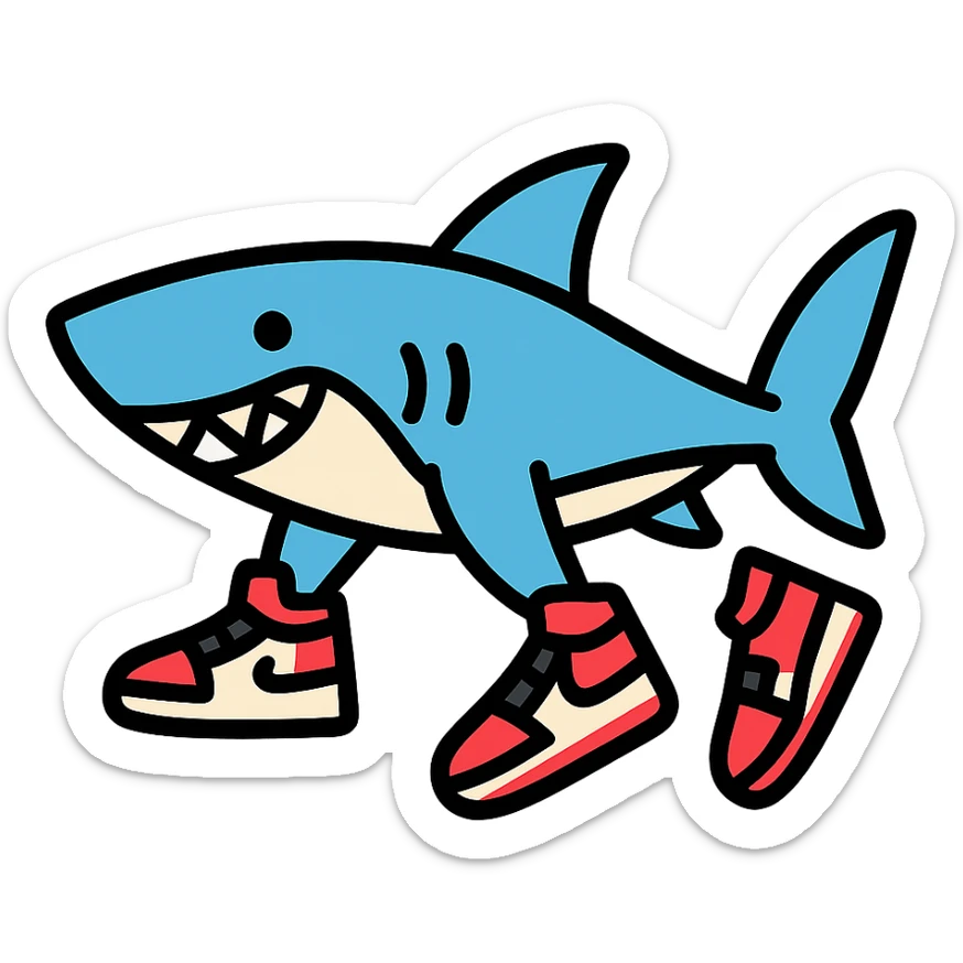 fun and bold colored outlined icon of a shark wearing Air Jordans on its fins and tail sticker