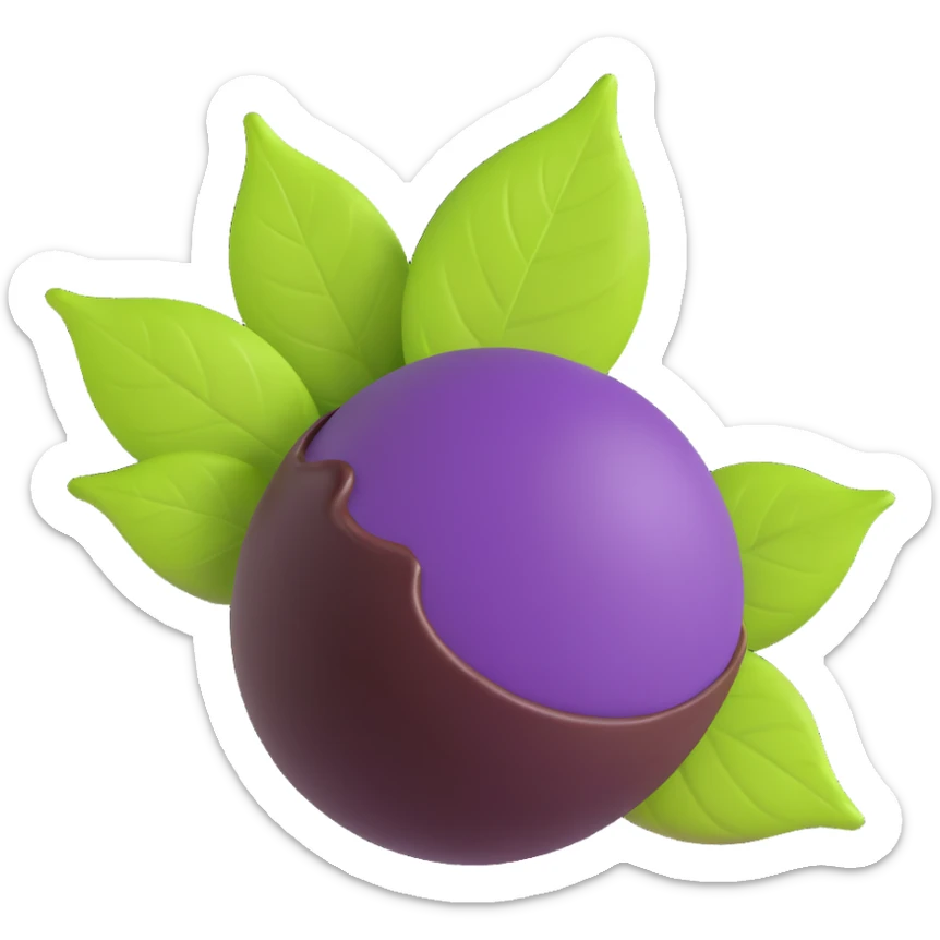 glossy realistic emoji-style açaí berry bonbon, shiny deep purple berry, bottom half dipped in dark chocolate, small natural green leaf on top, no face, clean modern emoji icon with realistic details sticker