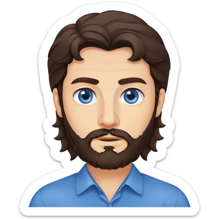Lebanese man with one blue eye and one brown eye, dark brown longish wavy hair, light beard, closed mouth, kind expression, blue shirt sticker