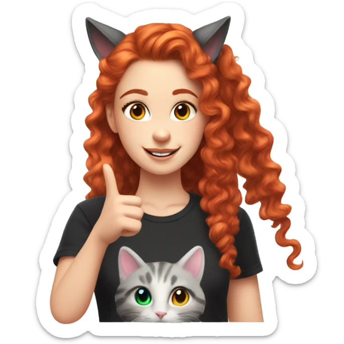 a white girl with long red curly hair in a pony tail with rainbow shirt does peace sign wearing cat ears one black other white sticker