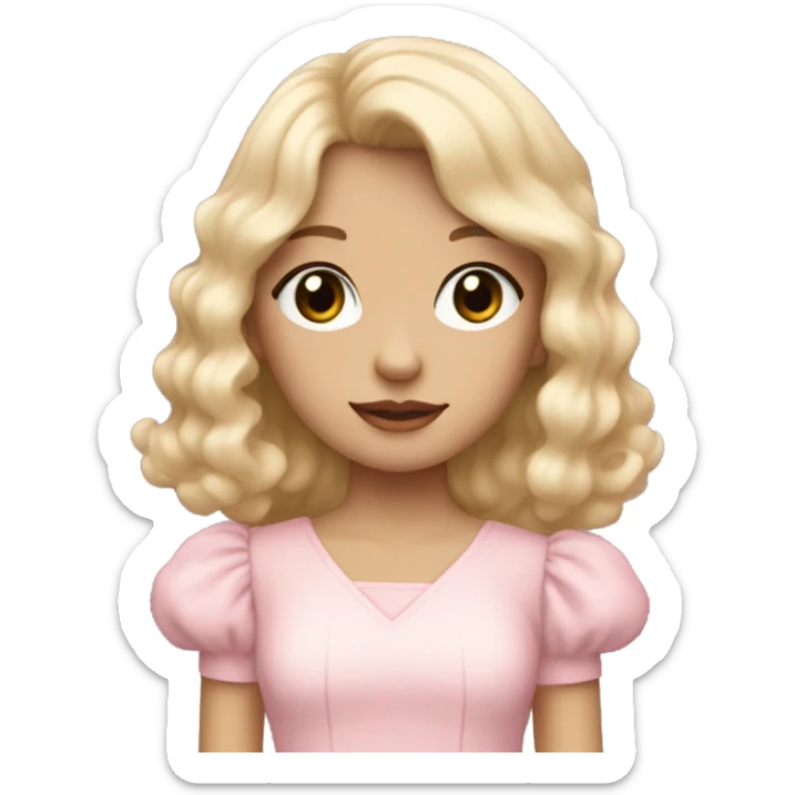 pale girl with bangs and long blonde curly hair and a pastel pink puff sleeve dress sticker