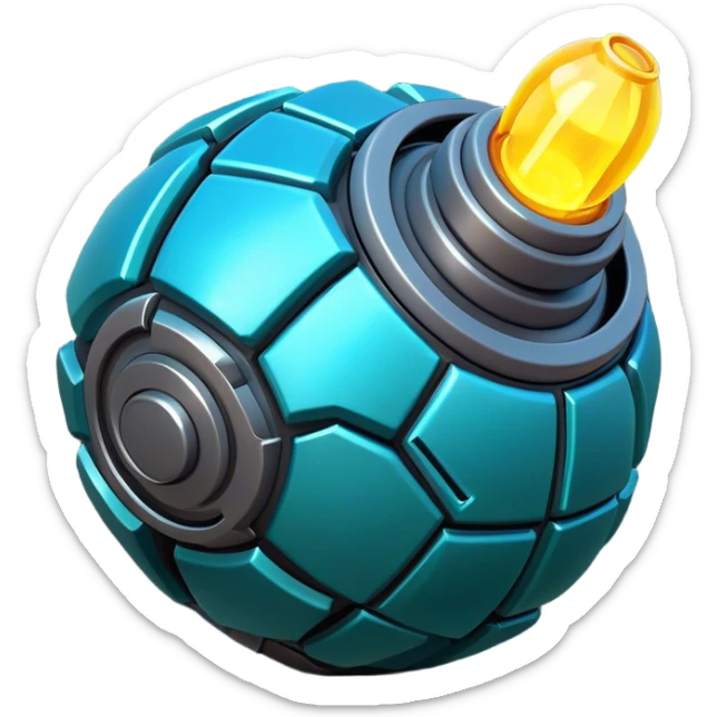 Clash of Clans aesthetic: Cinematic Playful 3D Isometric Plasma Grenade Emoji, rendered in a 3D vector-style similar to standard emojis with minimal shading and bold, simplified shapes. A compact, distinct form with signature details, softly glowing with a futuristic sci-fi warfare charm. Simplified yet unmistakably iconic, highly detailed and consistent, glowing with a soft radiance and high shine. Stylized with a touch of high-tech brilliance and a soft glowing outline, capturing the essence of a beloved gaming relic with a friendly, playful manner! sticker
