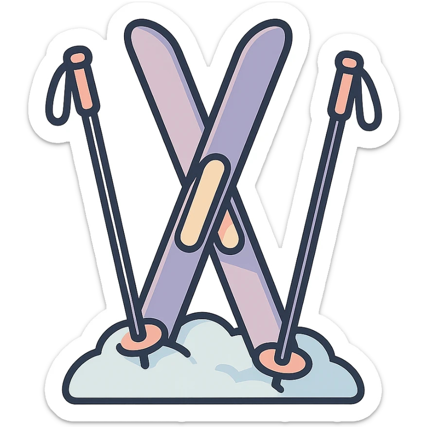 cross-country skis and poles on the sides, all stuck at an angle into a snowdrift, detailed shading, thin clean outlines, soft rounded features, pastel palette #98B5BC #B5B3C1 #C9A3C9 #E4C0CA #F7DCD1 #F7C0AA, Japanese pop art, sticker look, highly detailed, vector clarity, soft lighting, subtle shadows, transparent background sticker