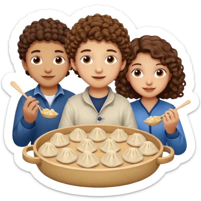 Can you create an emoji of three 23 year olds eating dumplings. One boy with brown curly hair one Jewish girl and one half Indian / half white girl.  sticker