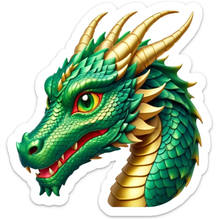 Cinematic Noble Dragon Portrait Emoji, Poised and majestic, with a sinuous, elongated body covered in intricately detailed, shimmering scales in hues of emerald and gold, and piercing, fiery eyes that reflect ancient wisdom; rendered with lifelike texture and natural highlights, high shine, intelligent and formidable, styled with an aura of mythic power, focused and attentive, soft glowing outline, capturing the essence of a legendary dragon that appears ready to soar out of the screen with timeless authority! sticker