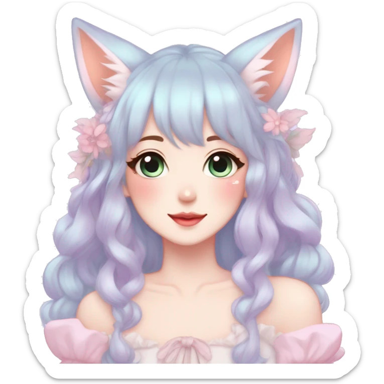 Gorgeous pastel anime style lady with blushing face and fox ears cottagecore fairycore pastelcore colorful pearly romantic simplistic aesthetic trending style sticker